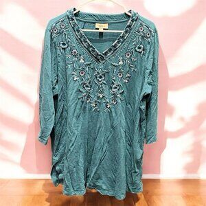 Style & co Embroidered Teal V-Neck Top 2XL